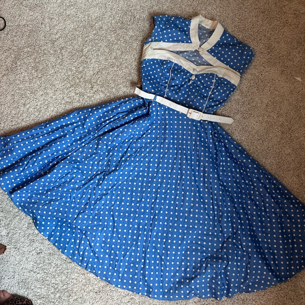 Vintage Blue Polka Dot Dress with White Straps